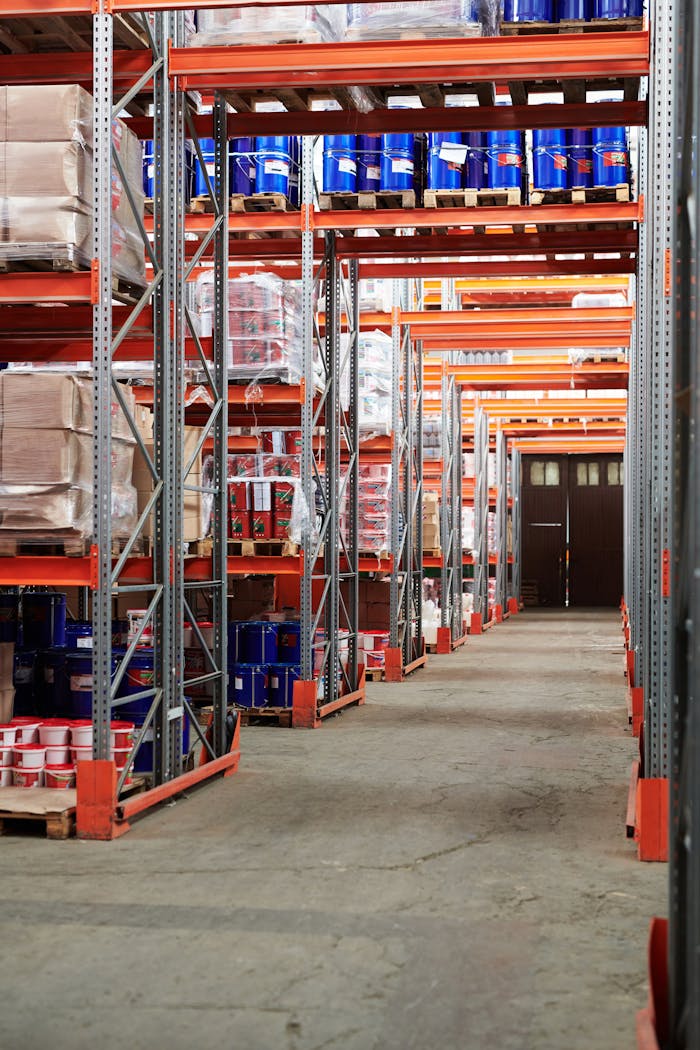 Home Industrial warehouse interior with organized shelves stacked with packages and goods.