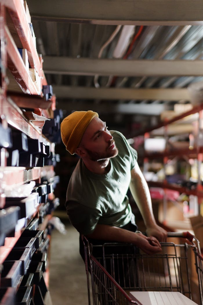Home Man in a beanie with a cart browsing shelves in a dimly lit warehouse.